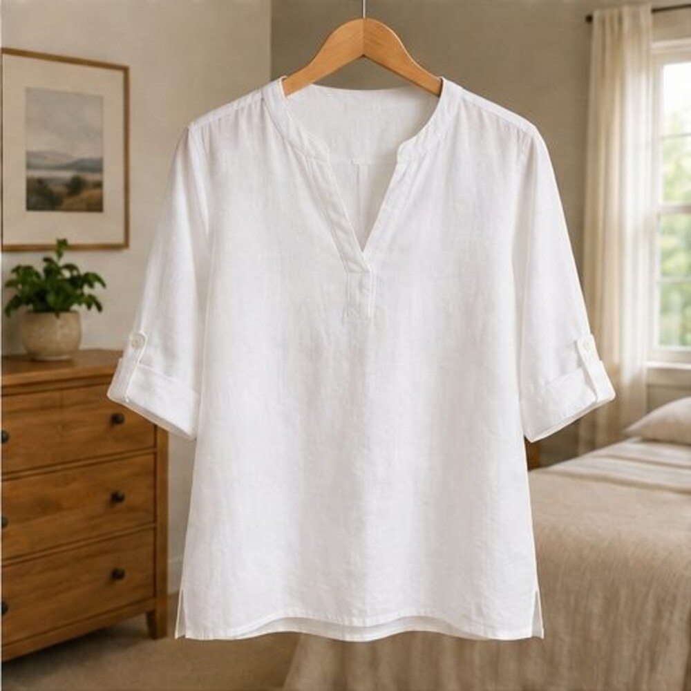 White Linen Notch Neck Blouse